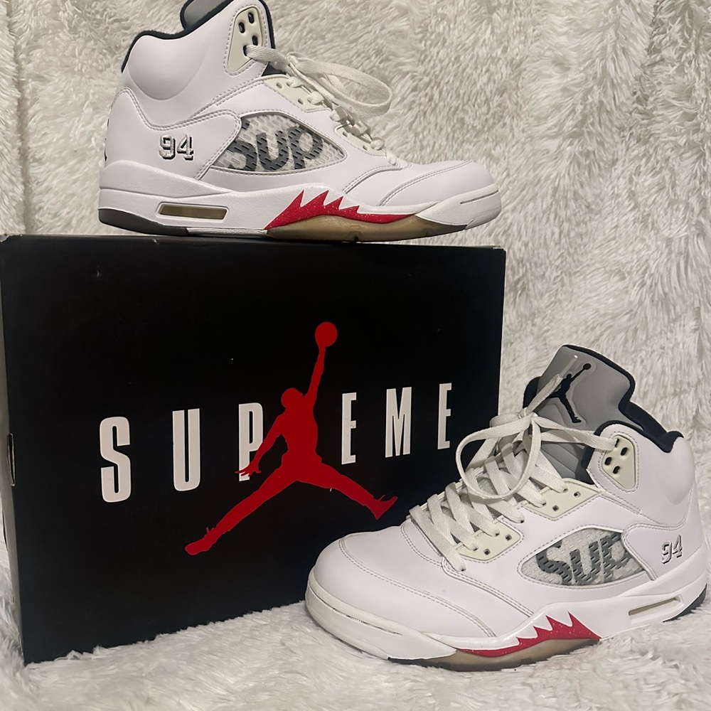 Supreme Air Jordan 5 Sneakers in White and Red
